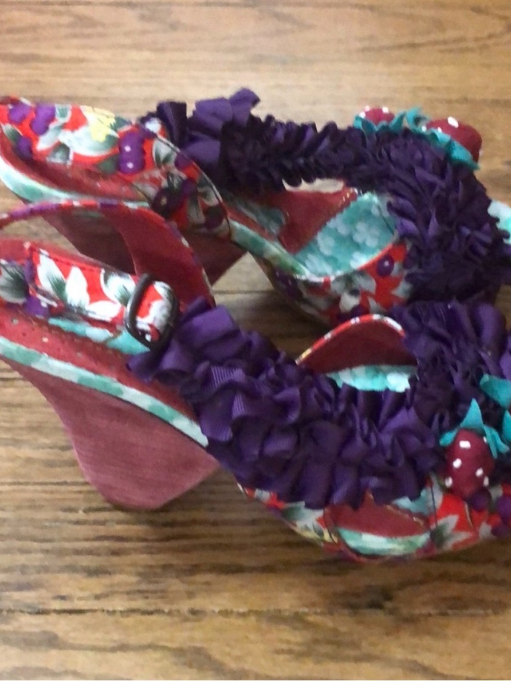 Irregular Choice Purple Floral Ruffle Wedge Sandals